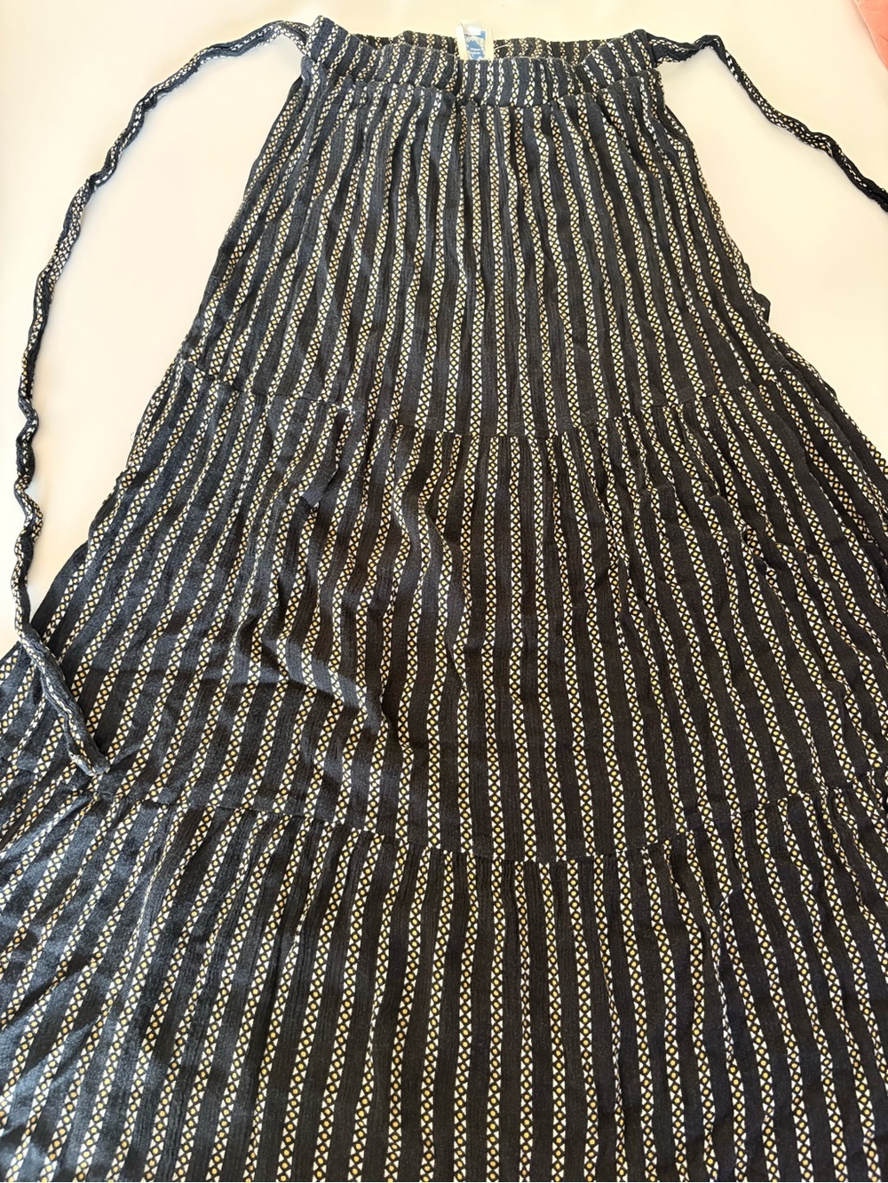 Blue Rain Black Dress with Cream & Yellow Stripe Detail